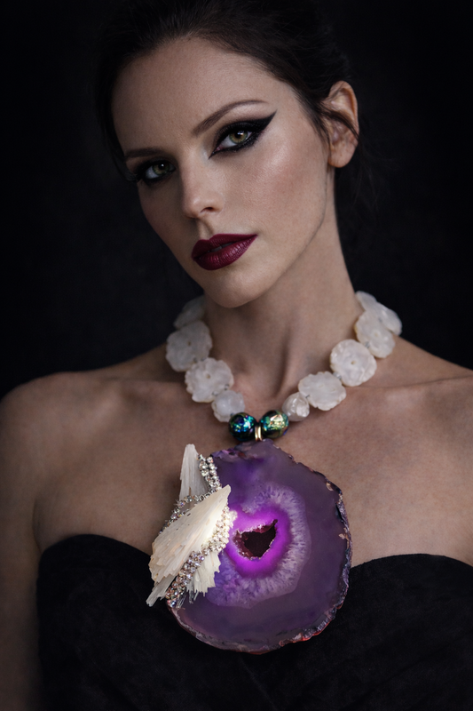 Purple Druzy Agate Scolecite & Rhinestone Chest Piece Necklace - OOAK