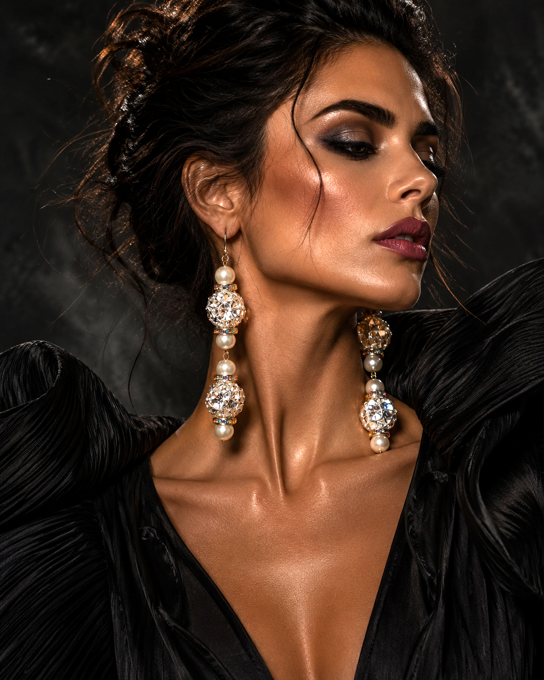 Rhinestone and Glass Pearl Dangle Pierced Statement Earrings - Formal
