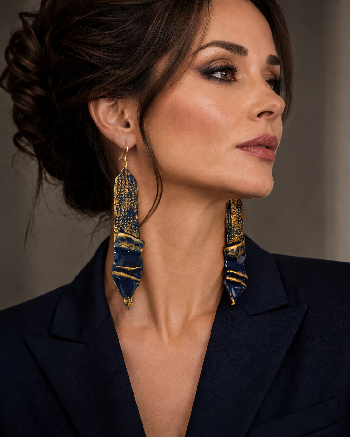 Navy Blue & Black Textured Pierced Earrings - Business Couture
