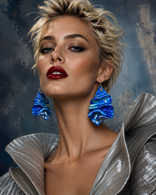 Blue & Silver Alcohol Ink Hand Sculpted Artisan Pierced Earrings