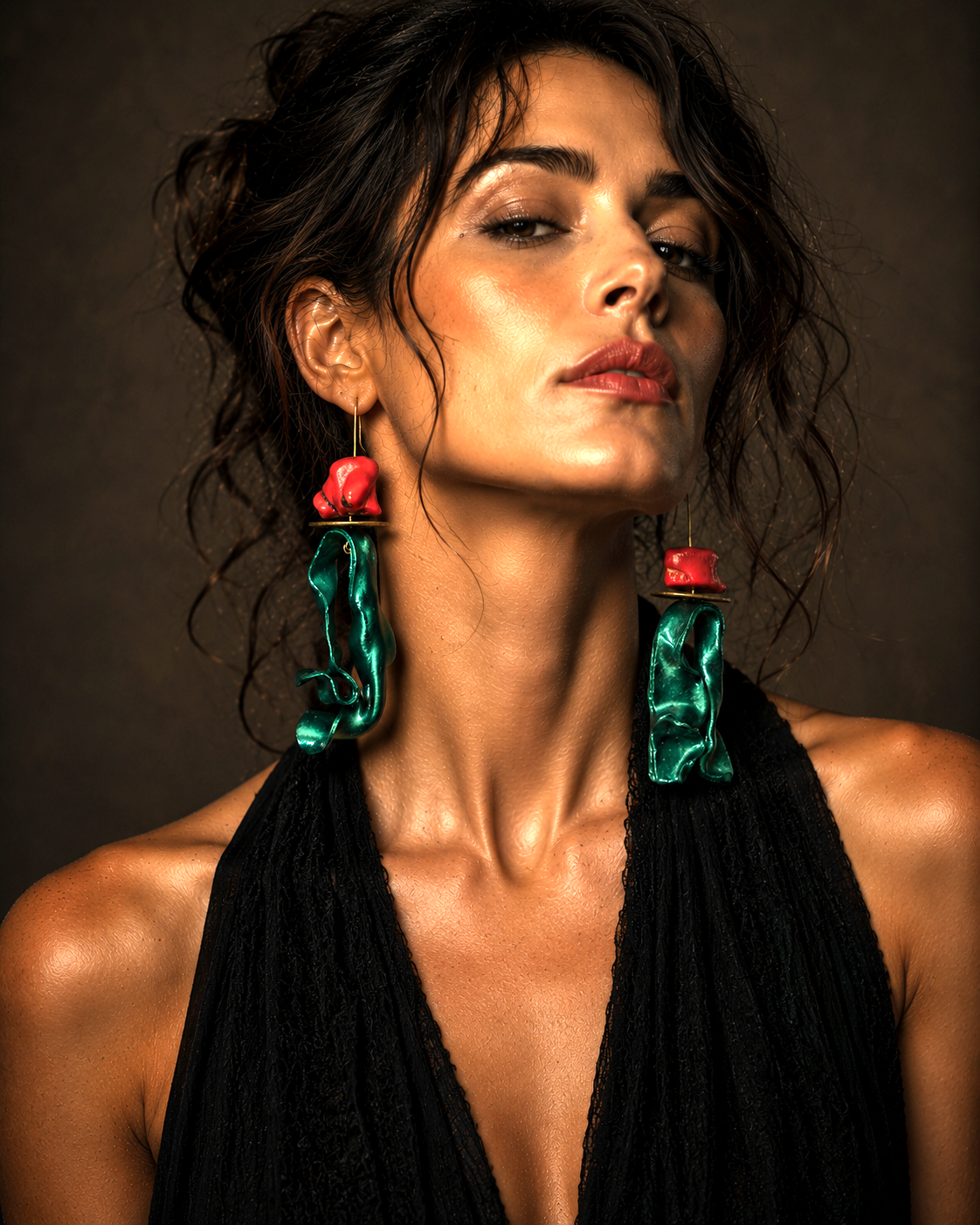 Red Coral & Metallic Emerald Green Hand Sculpted Avant Garde Earrings