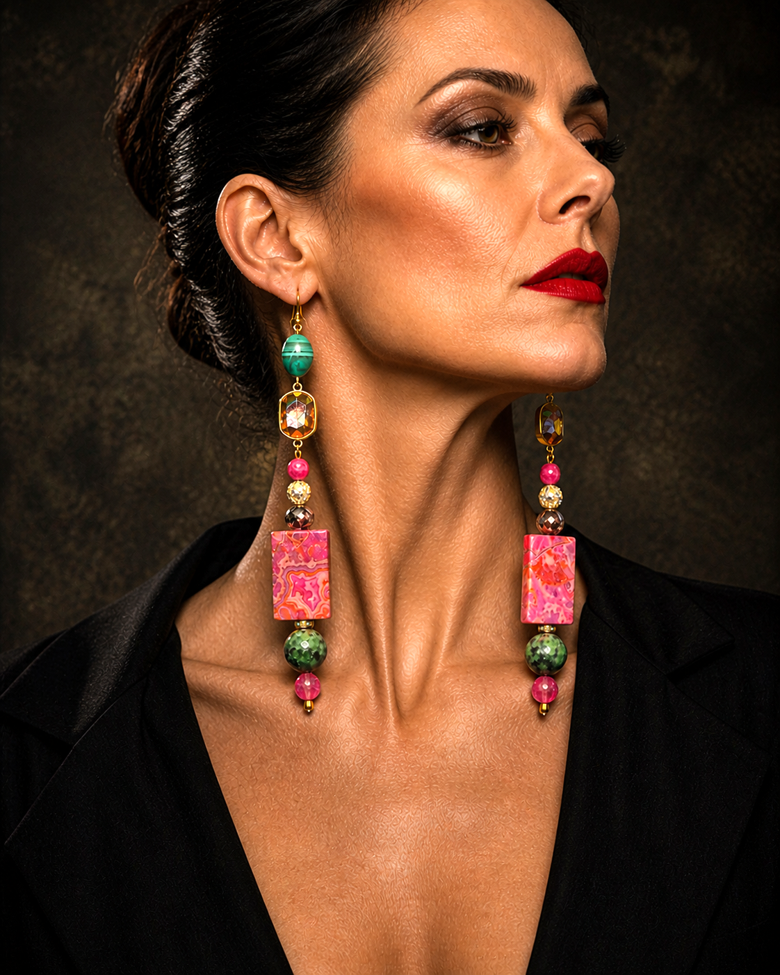 Pink & Green Gemstone Shoulder Duster Pierced Statement Earrings