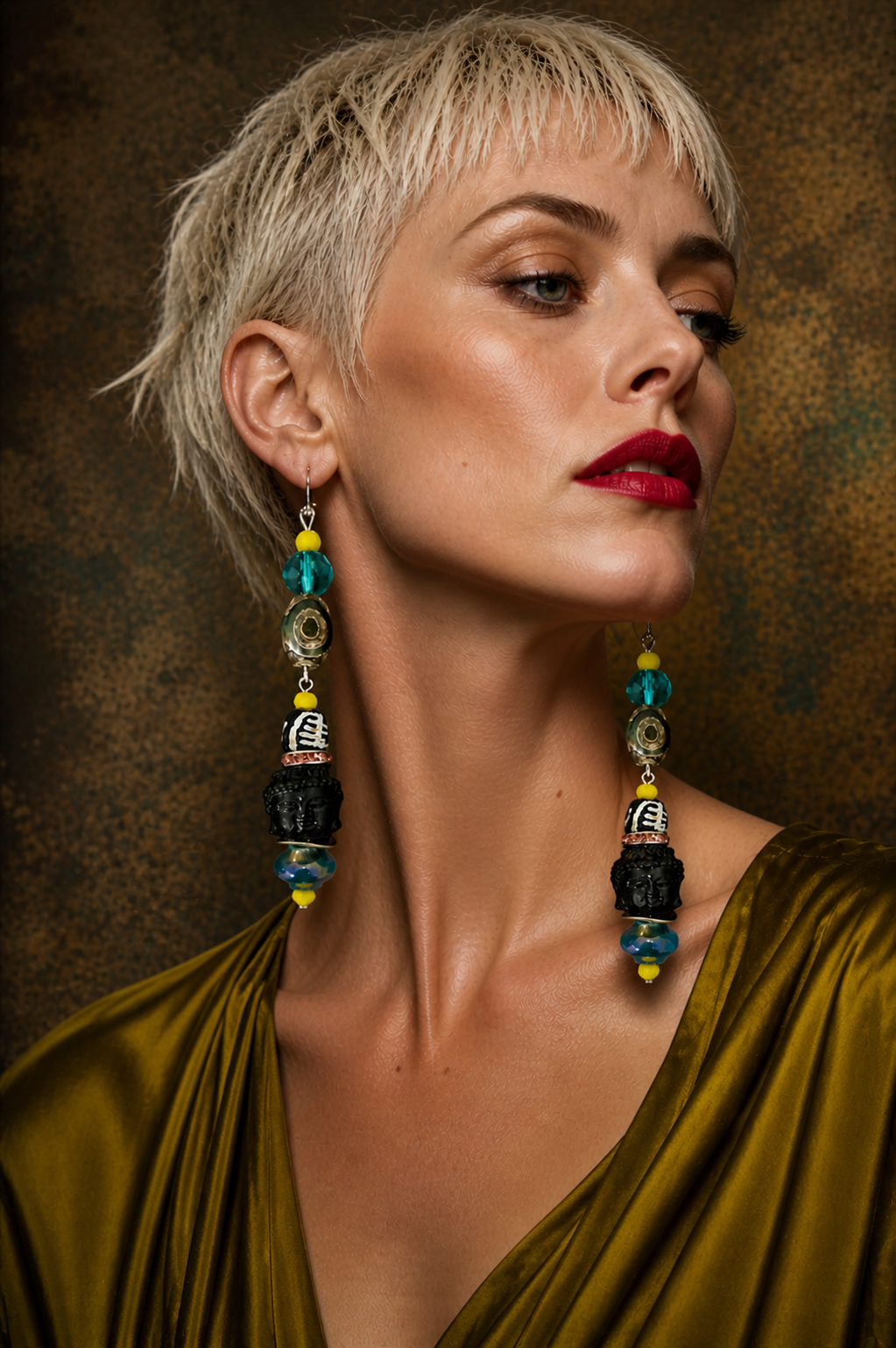 Agarwood Buddha Head Shoulder Duster Pierced Dangle Earrings - Exotic
