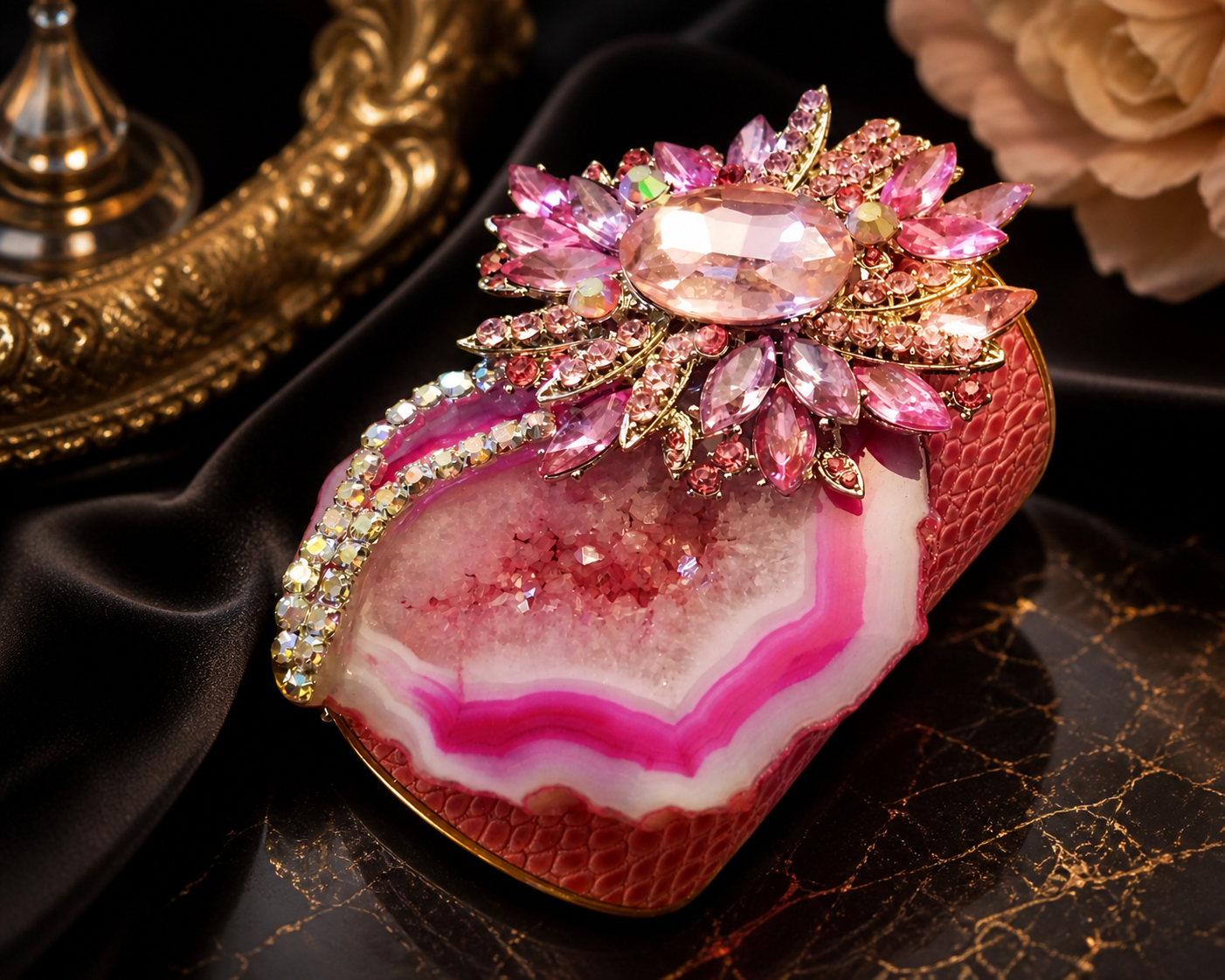 Hot Pink Agate, Faux Alligator & Rhinestone Statement Cuff - Luxe