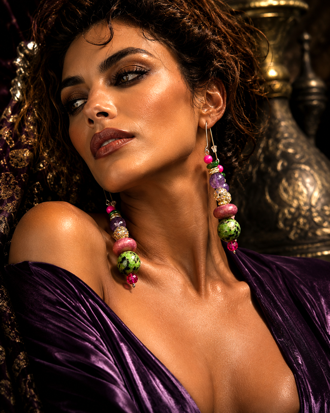 Ruby Zoisite, Agate & Pink Pearl Dangle Pierced Statement Earrings