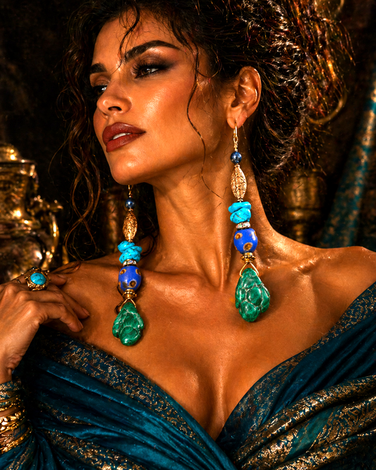 Mixed Media Gemstone Shoulder Duster Pierced Earrings - High End