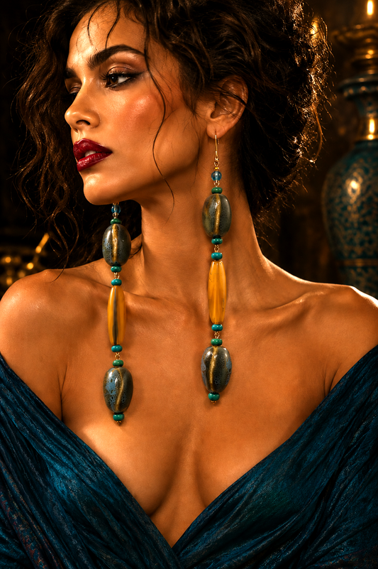 Olivine Chunky Super Long Pierced Statement Earrings -  Earth Tones