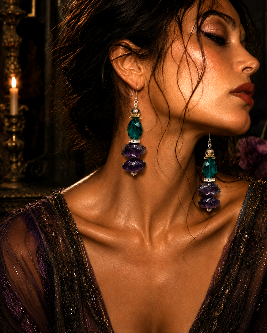 Rough Amethyst & Emerald Green Crystal Pierced Statement Earrings