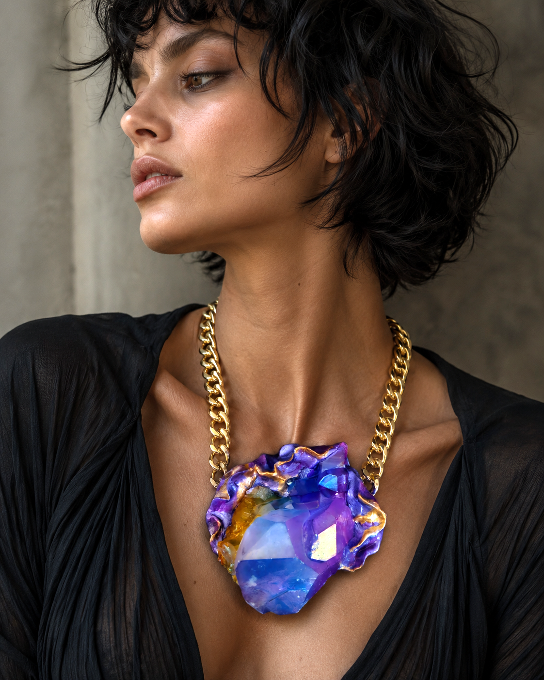 Purple Aura Quartz Sculpted Statement Pendant - Rocker Chic