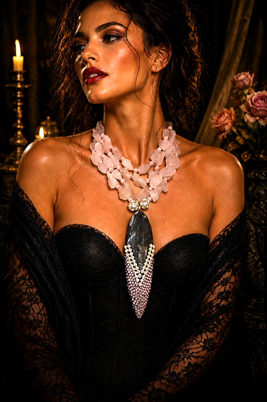 Raw Rose Quartz Multi Strand Necklace - Rhinestone Orthoceras Pendant