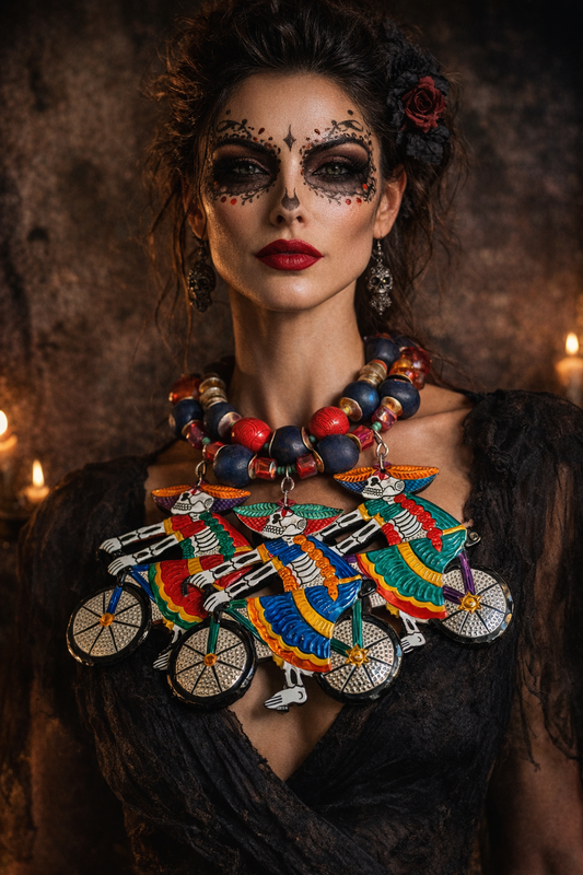 Mexican Folk Art Day of the Dead Chest Piece - Tribal Artisan Necklace
