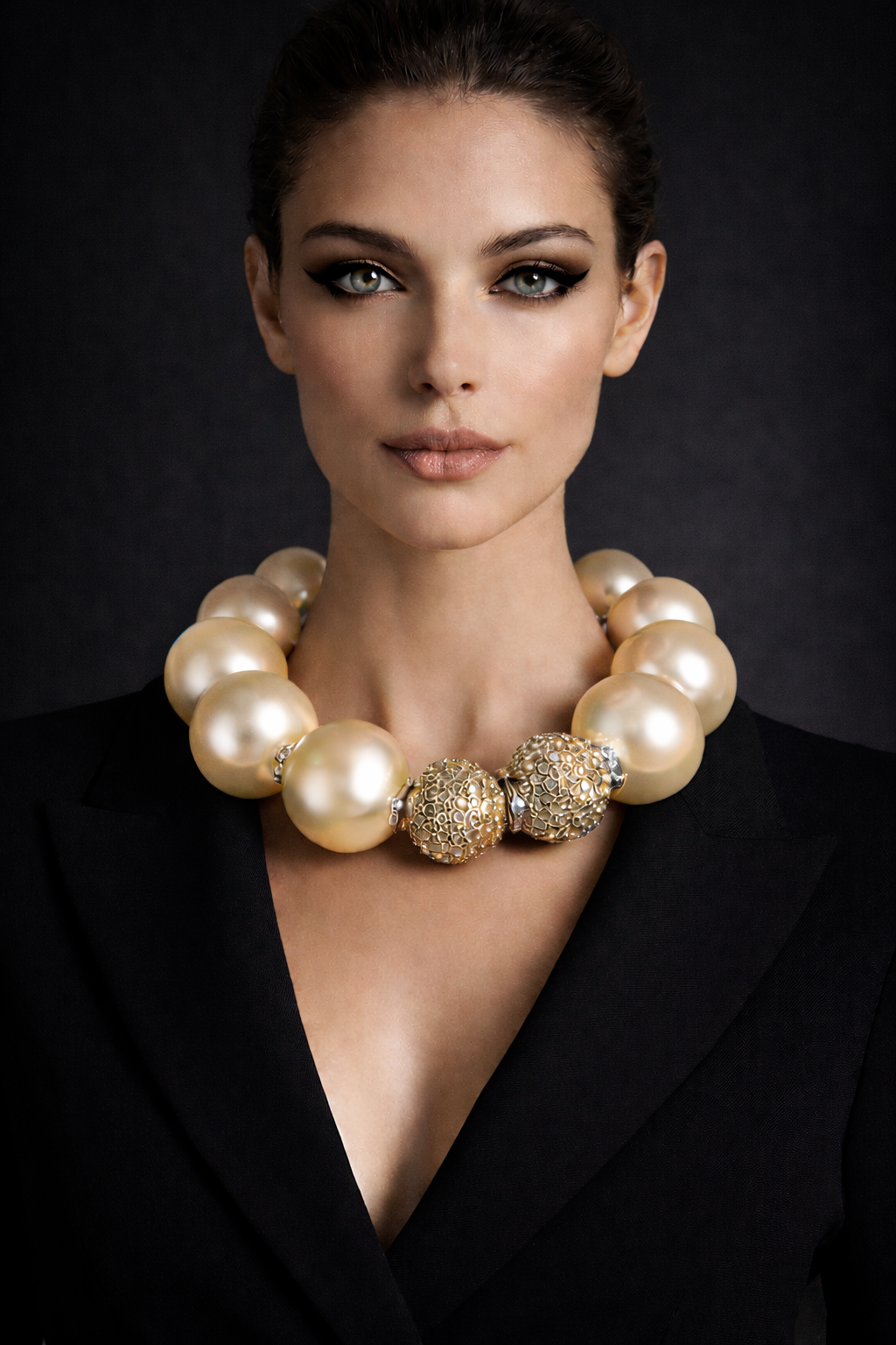Oversized Ivory Faux Pearl Statement Necklace - Copper Rhinestone Ball