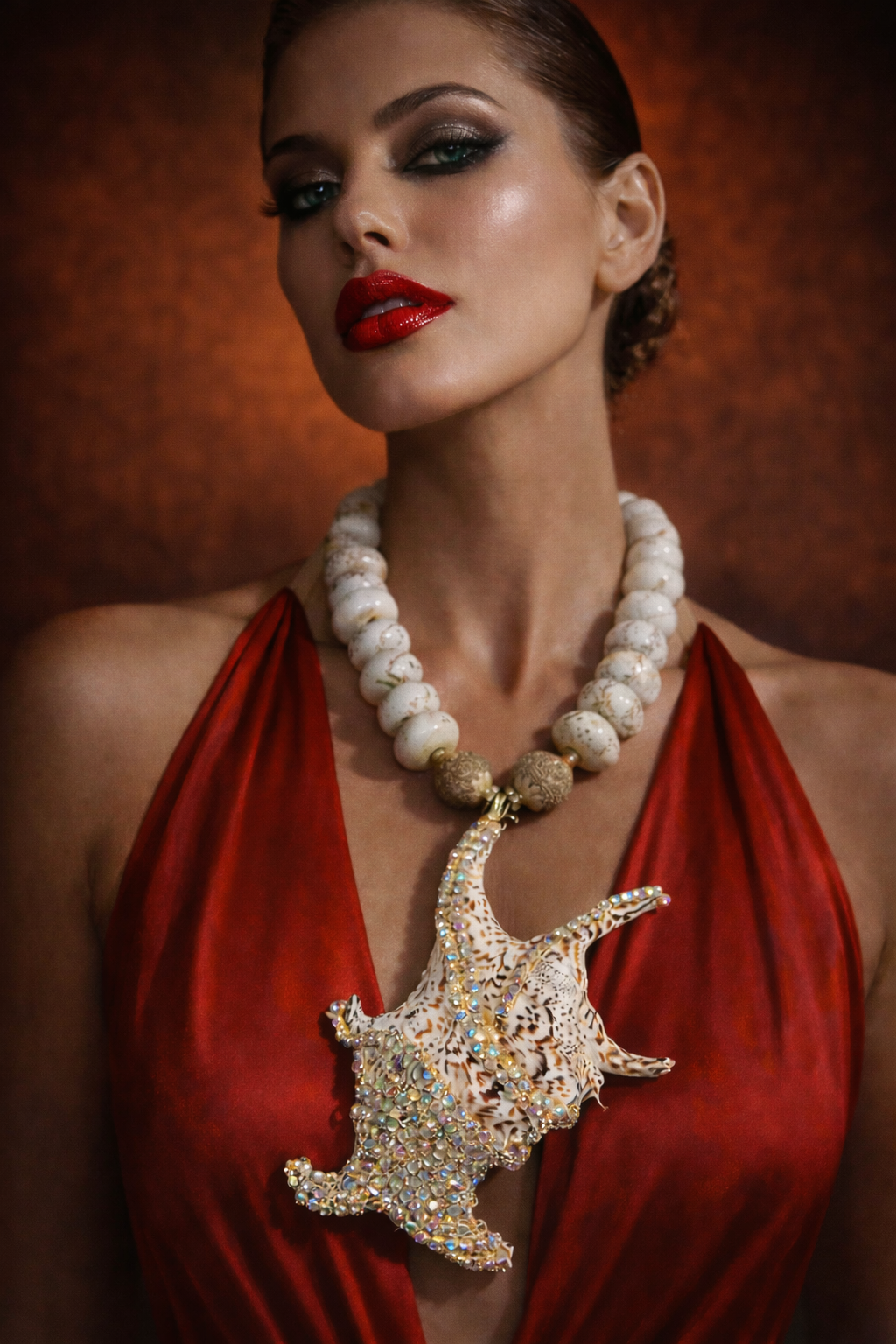 Exotic Jeweled Shell Pendant - Bold White Magnesite Rondelle Necklace