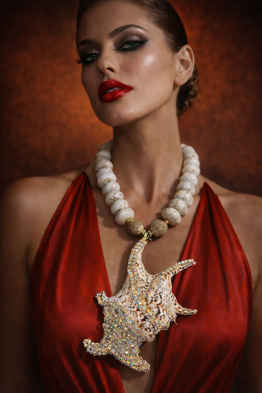 Exotic Jeweled Shell Pendant - Bold White Magnesite Rondelle Necklace