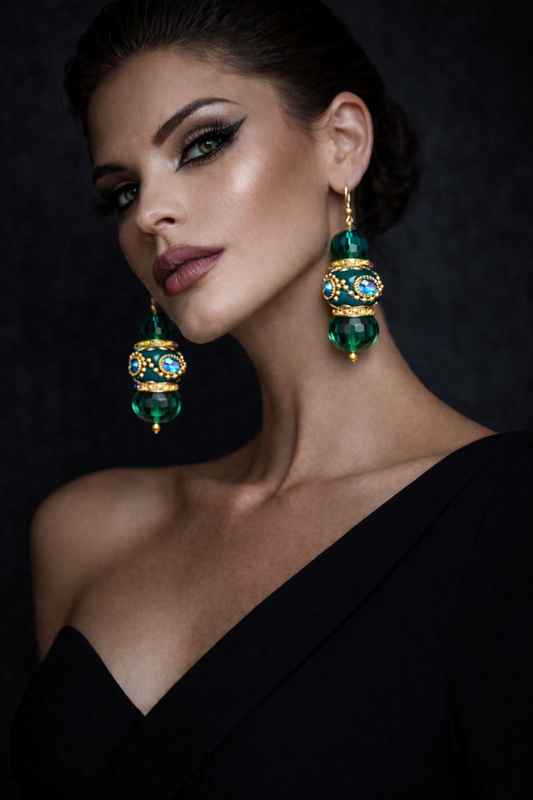 Emerald Green Polynesian & Crystal Beaded Dangle Statement Earrings