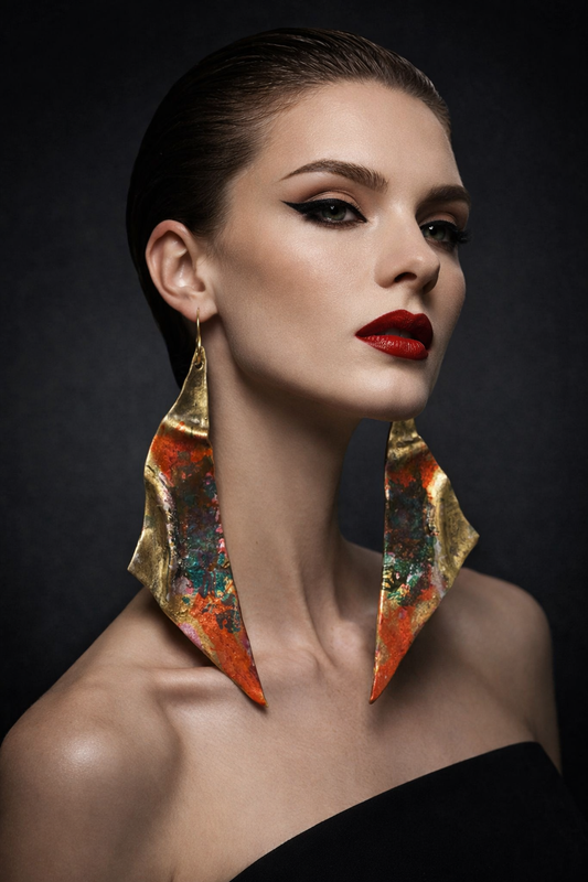 Colorful Faux Gold Metal Wing-Like Long Pierced Earrings - OOAK