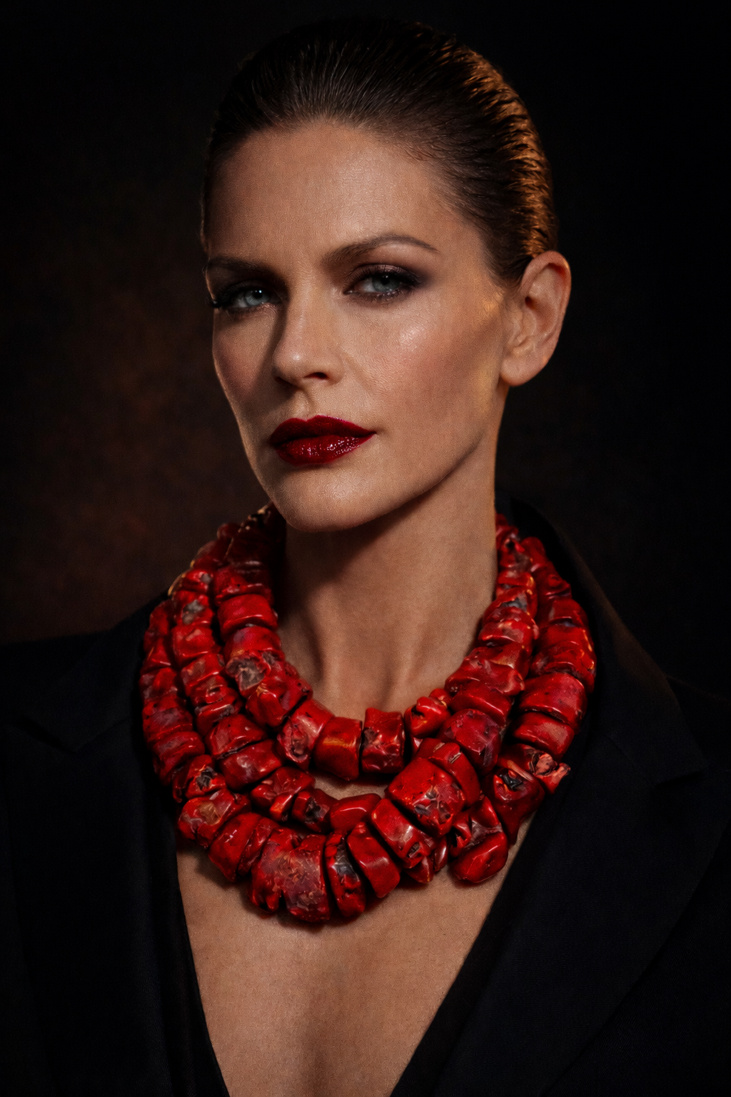 Red Coral Necklace - Bold Three Strand Luxury Statement