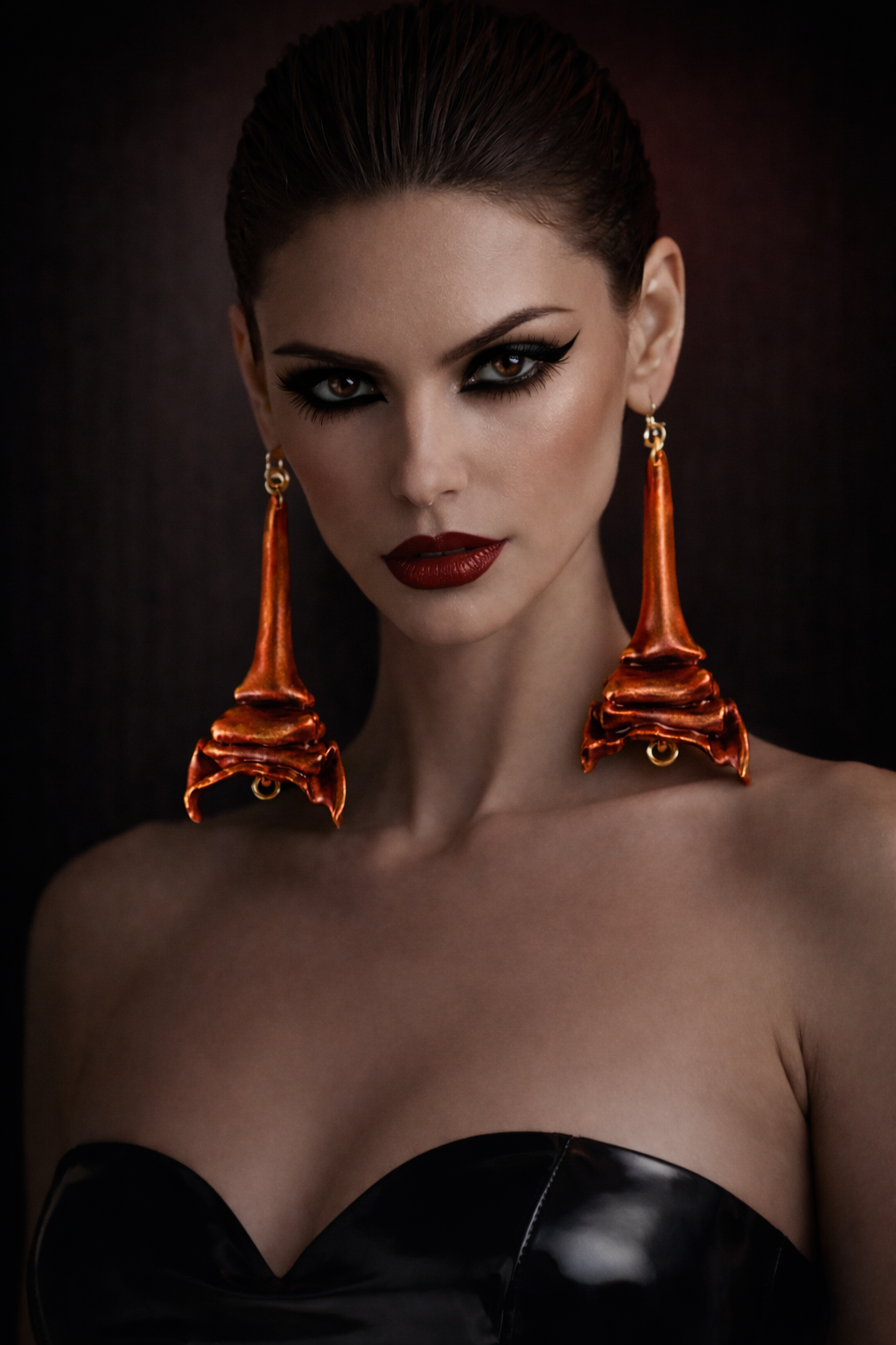 Hand Sculpted Fiery Red & Gold Shoulder Duster Pierced Earrings - Hot