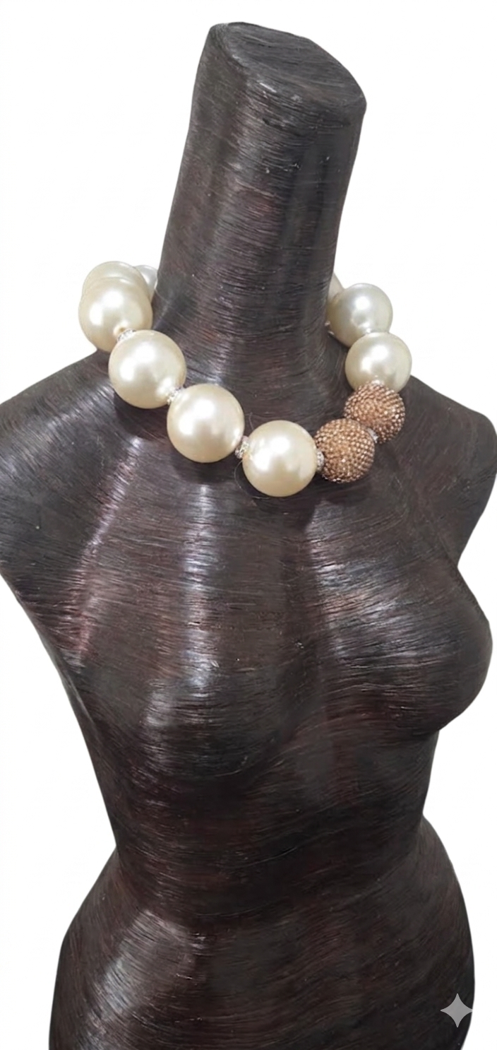 Oversized Ivory Faux Pearl Statement Necklace - Copper Rhinestone Ball