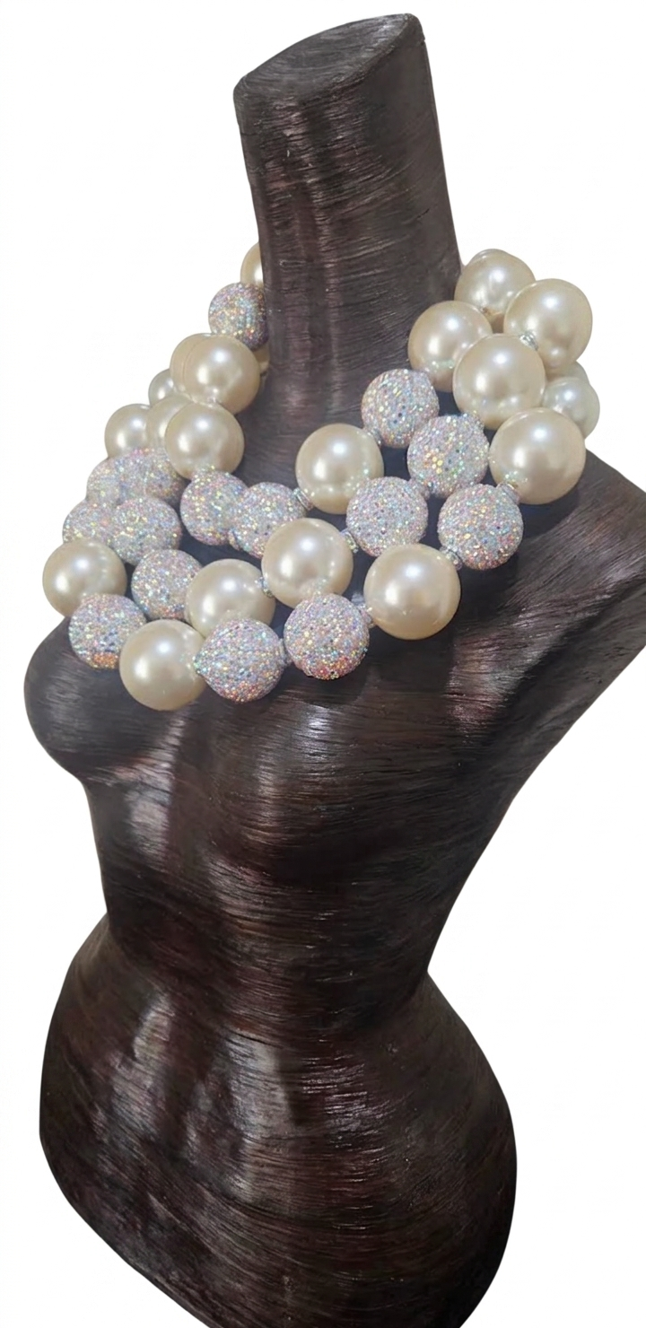 Huge Ivory Faux Pearl & Aurora Borealis Rhinestone Ball Statement Necklace