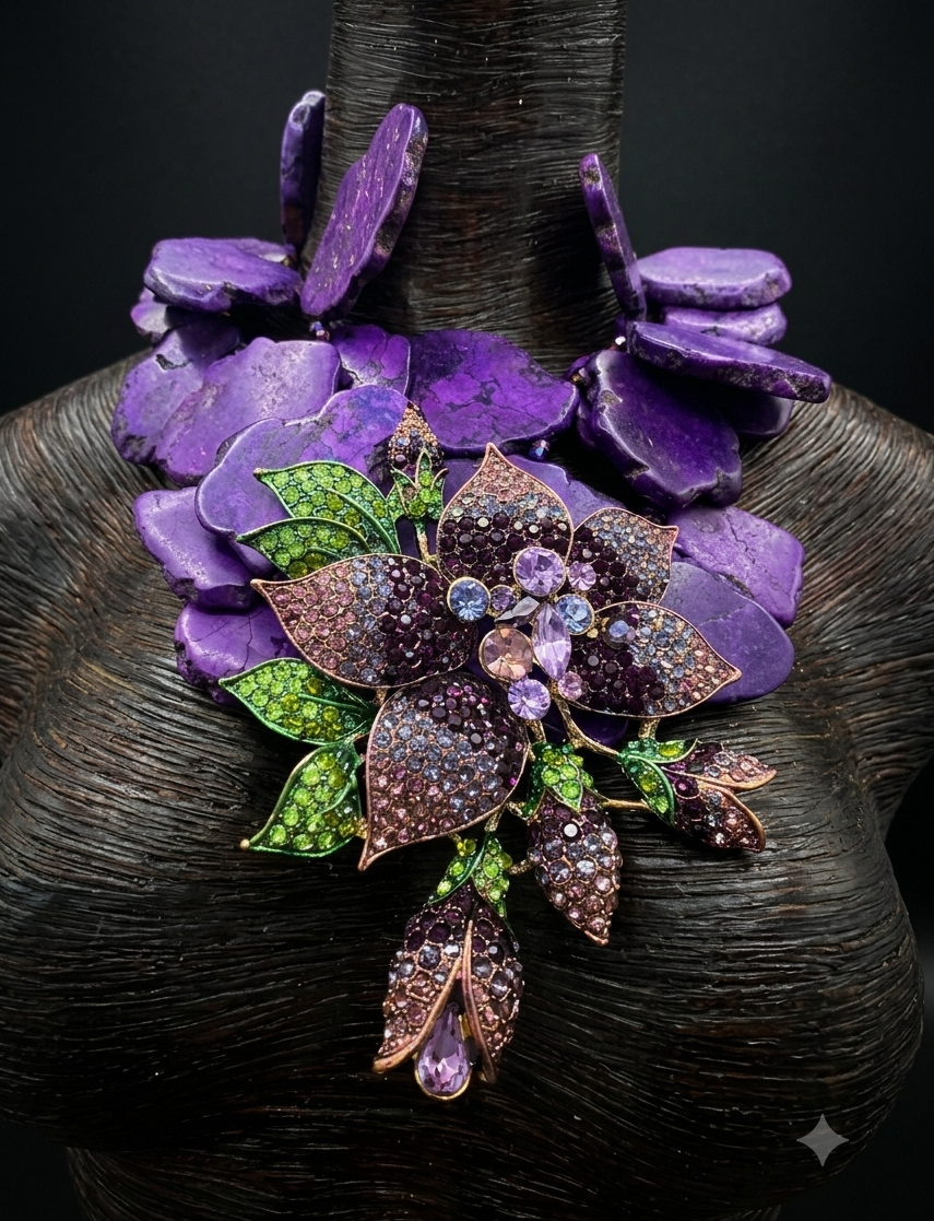 Purple Resin Slab Statement Necklace with Huge Rhinestone Flower