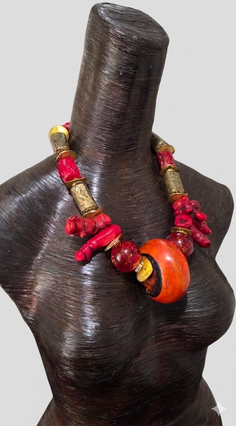 Exotic Asian Inspired Red Coral Resin & Tibetan Brass Statement Necklace