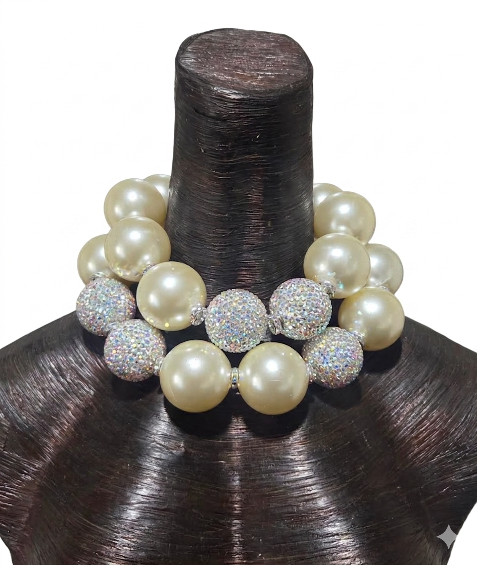 Oversized Faux Pearl & Rhinetone Beaded Statement Necklace - Bold Sexy