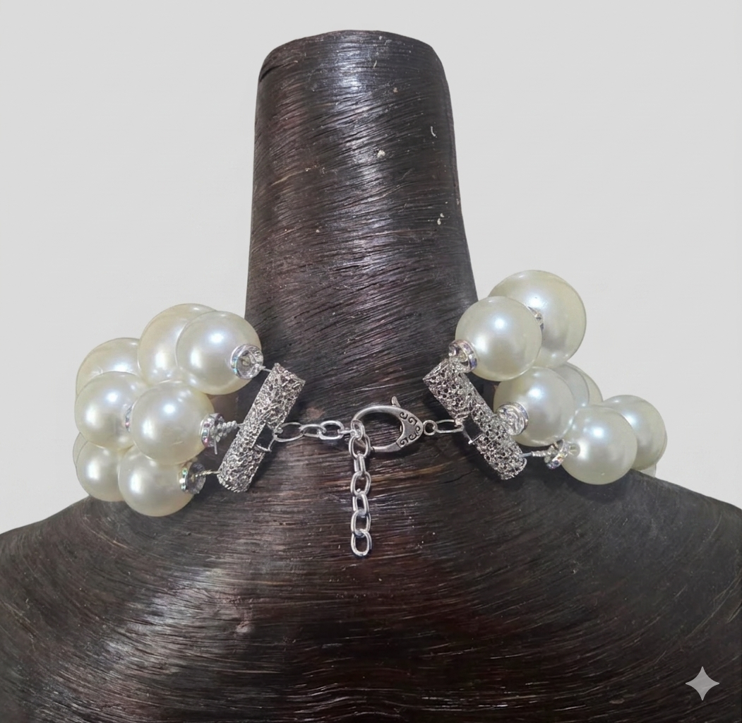 Huge Ivory Faux Pearl & Aurora Borealis Rhinestone Ball Statement Necklace