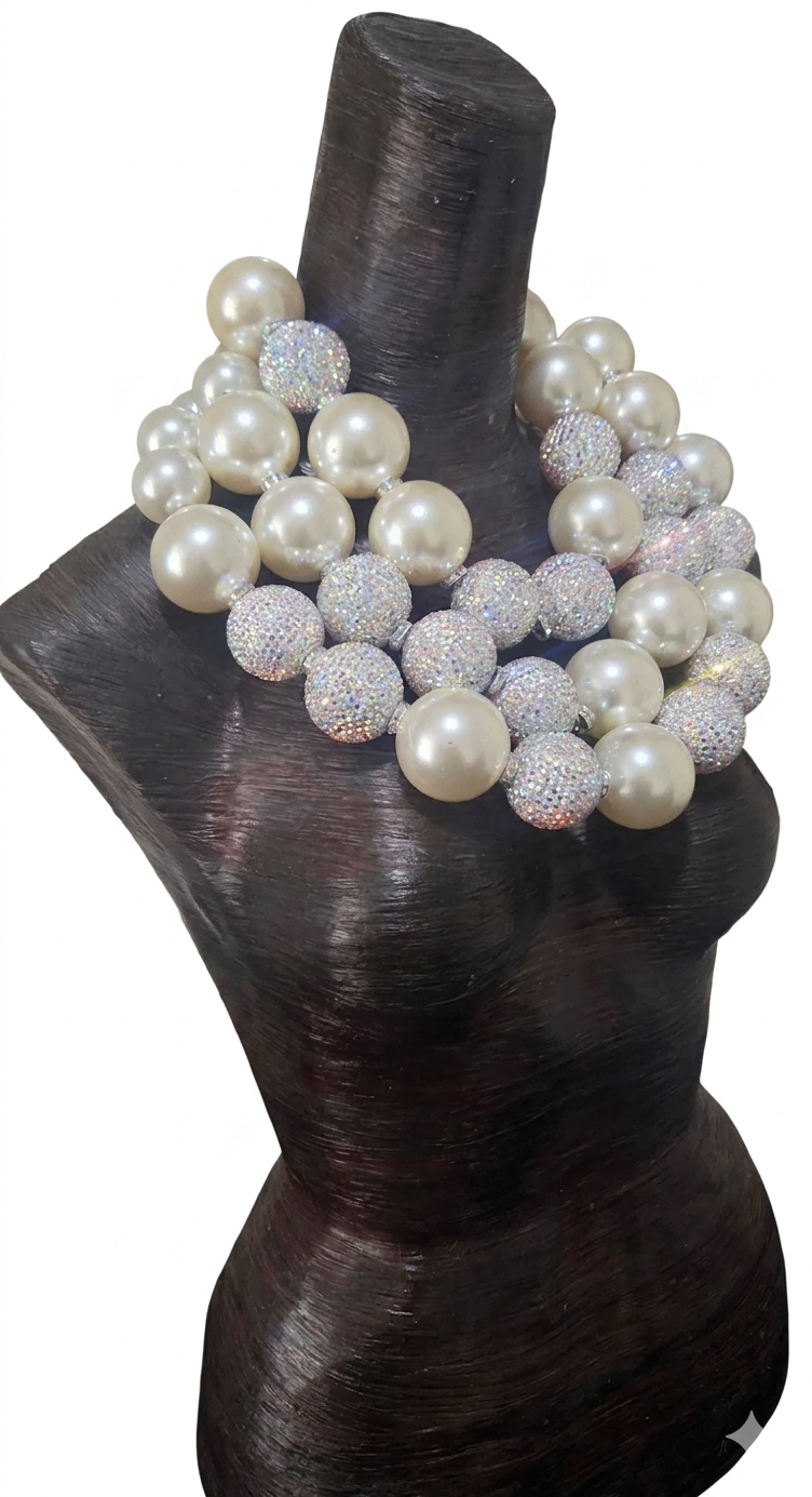 Huge Ivory Faux Pearl & Aurora Borealis Rhinestone Ball Statement Necklace