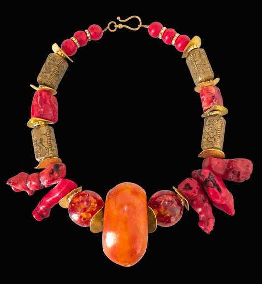 Exotic Asian Inspired Red Coral Resin & Tibetan Brass Statement Necklace