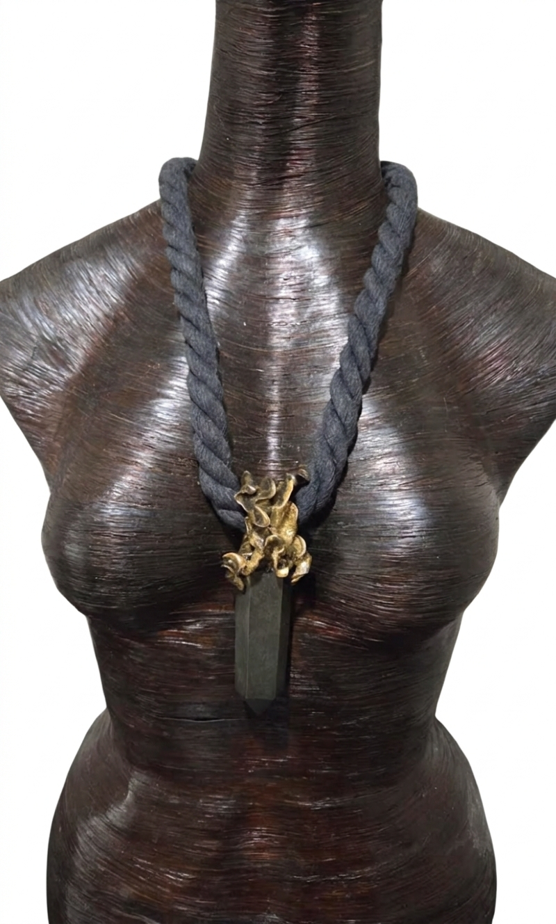 Sculpted Unisex Pyrite Gemstone Pendant on a Soft Black Cotton Rope