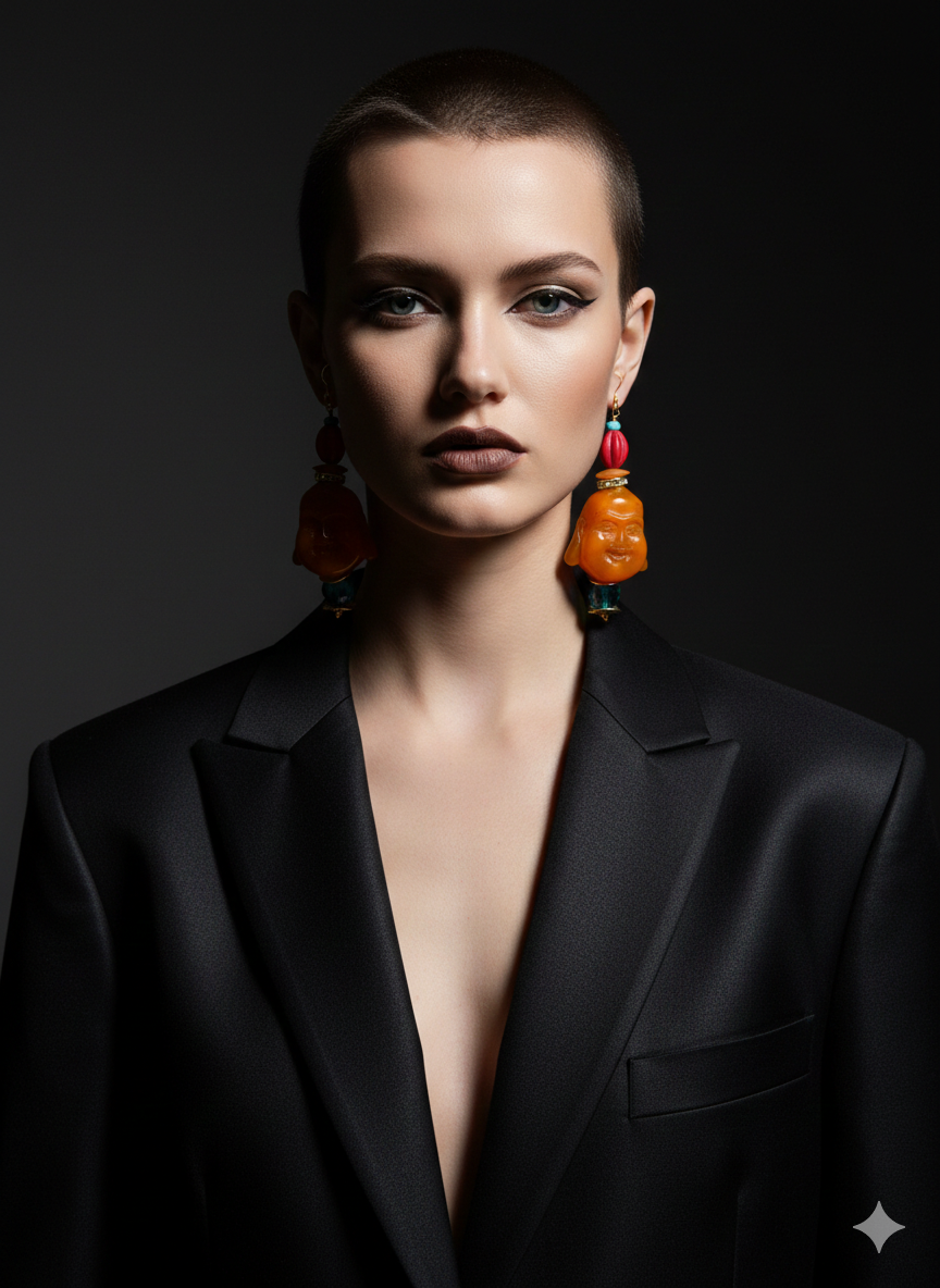 Orange Resin Buddha Head Pierced Statement Earrings   Whimsical Tibeta