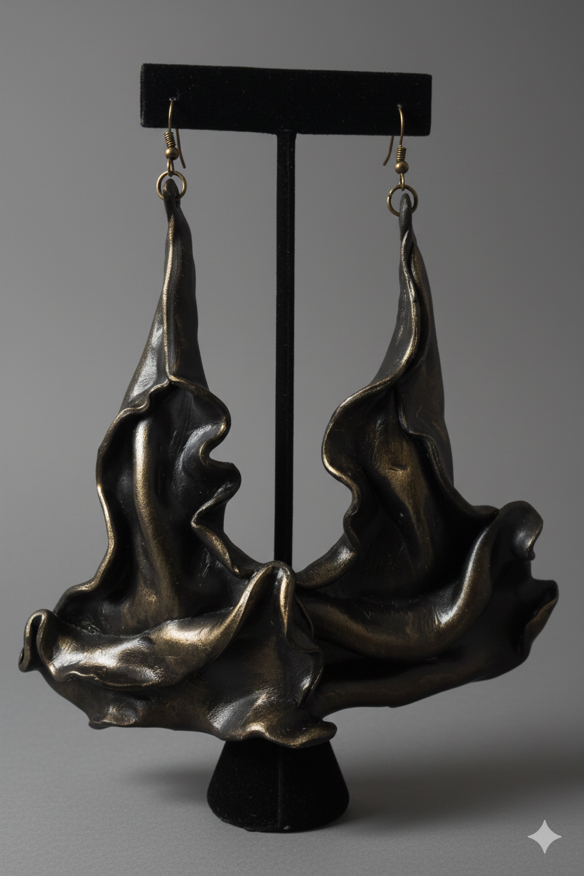 Avant Garde Faux Bronze Sculpted Architectural Pierced Earrings - OOAK