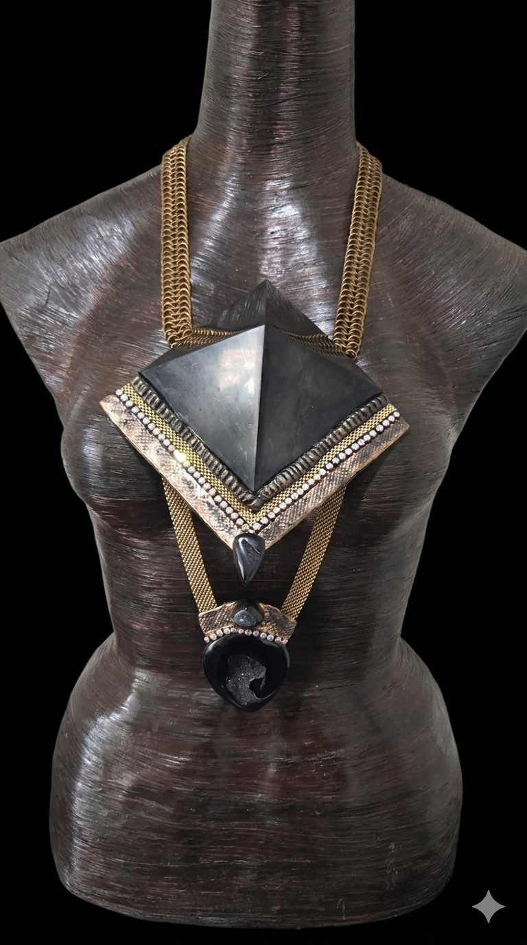 Mens Egyptian Revival Shungite Pyramid & Black Druzy Agate Chest Piece