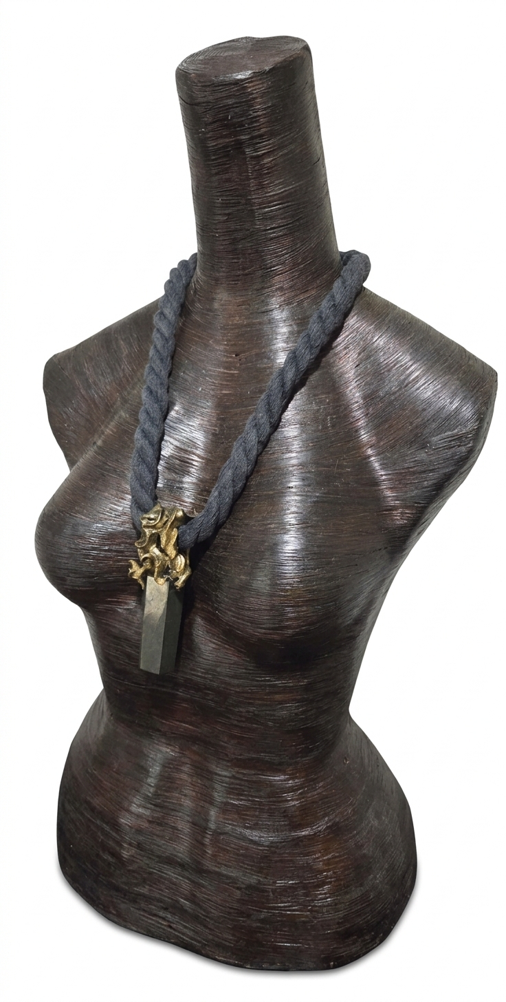Sculpted Unisex Pyrite Gemstone Pendant on a Soft Black Cotton Rope