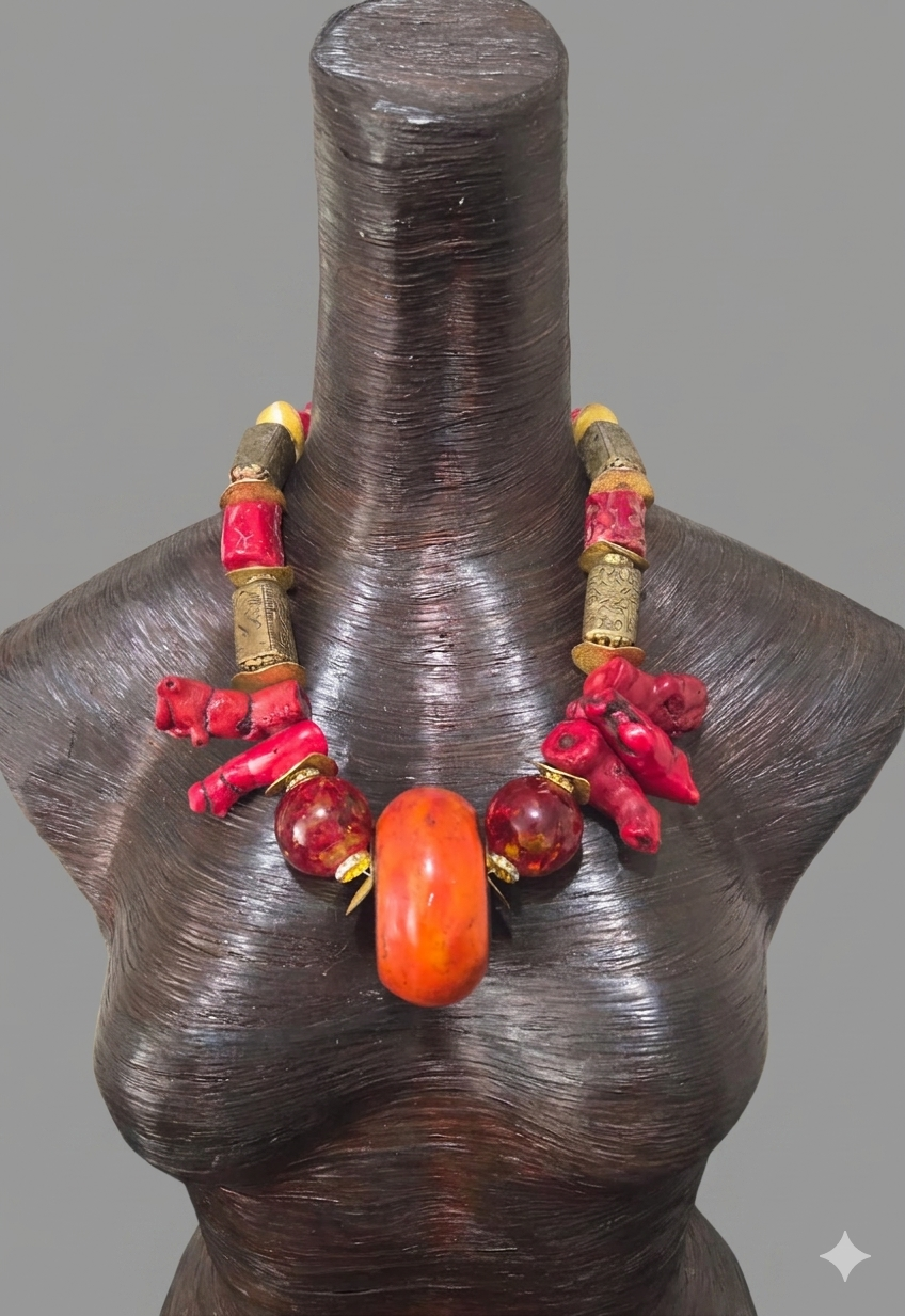 Exotic Asian Inspired Red Coral Resin & Tibetan Brass Statement Necklace