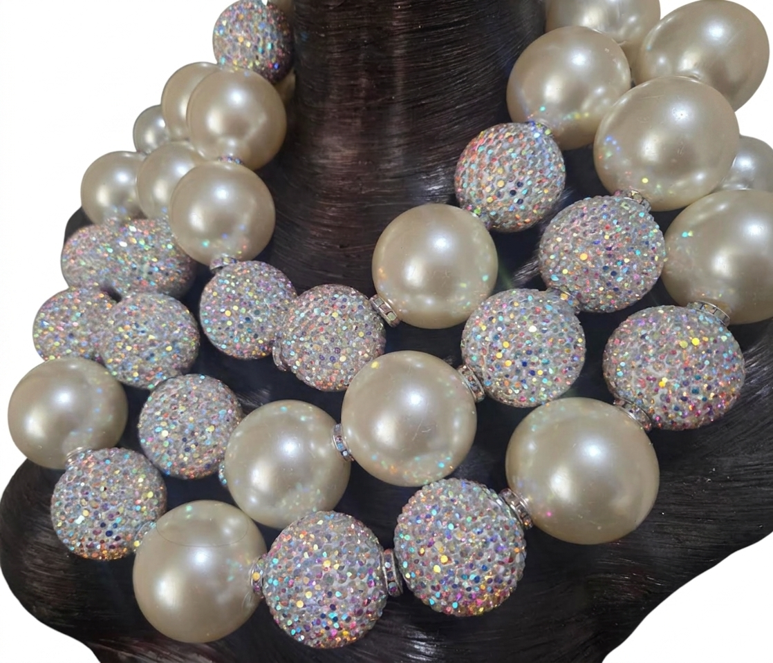 Huge Ivory Faux Pearl & Aurora Borealis Rhinestone Ball Statement Necklace