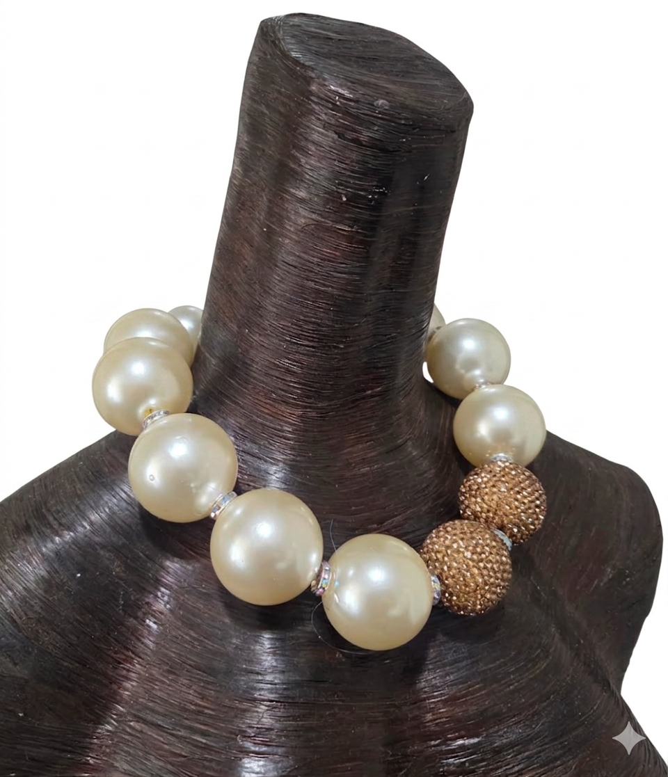 Oversized Ivory Faux Pearl Statement Necklace - Copper Rhinestone Ball