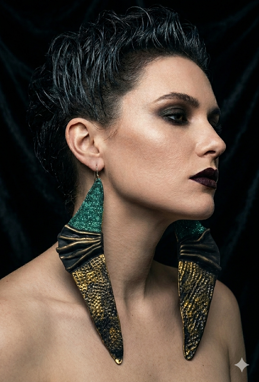 Sculpted Faux Bronze Art Deco Wing Shoulder Duster Pierced Earrings