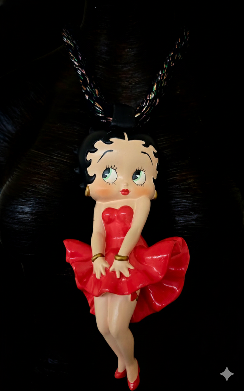 Betty Boop Figurine Pendant With Black Cotton Rope & Metallic Threads