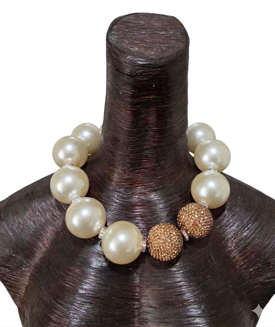 Oversized Ivory Faux Pearl Statement Necklace - Copper Rhinestone Ball