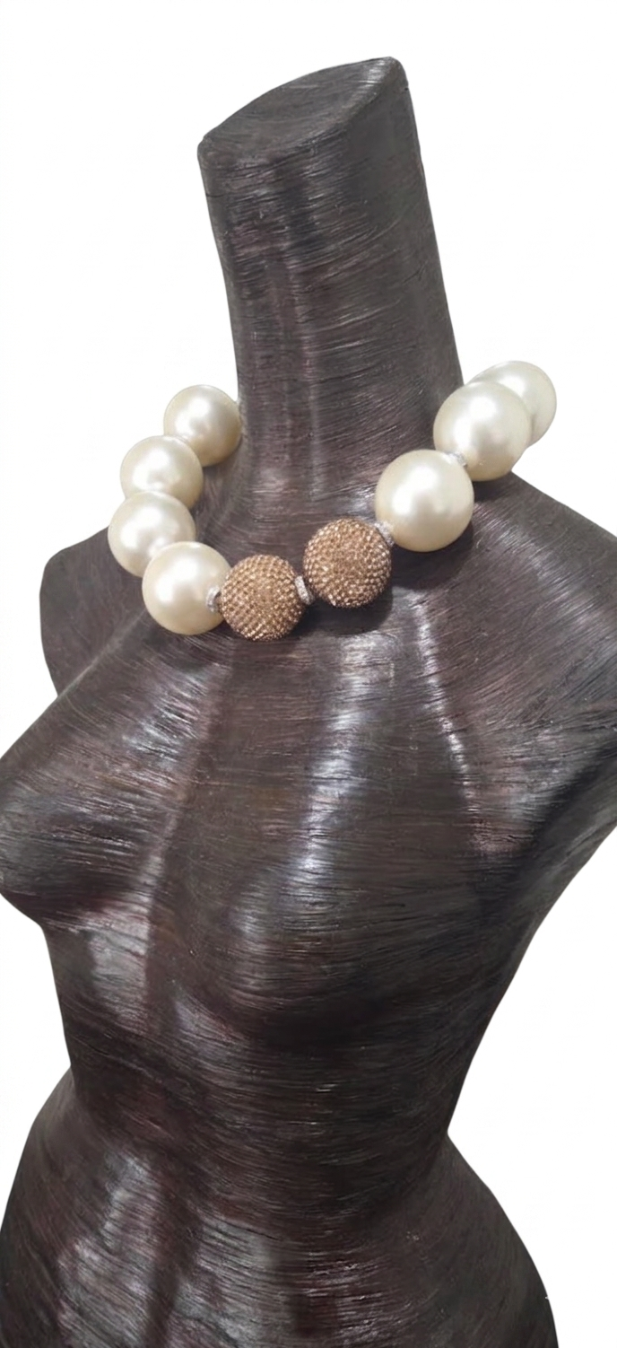 Oversized Ivory Faux Pearl Statement Necklace - Copper Rhinestone Ball