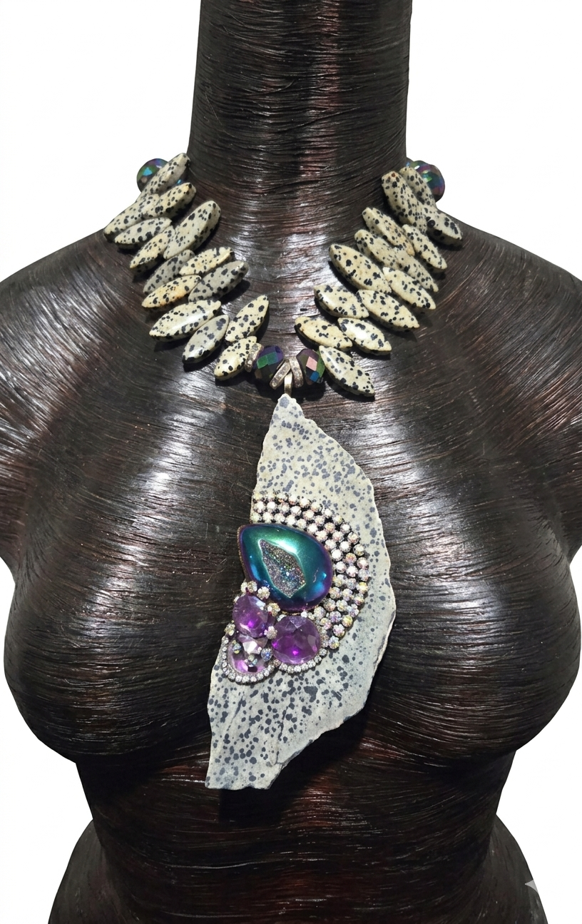 Avant Garde Dalmatian Jasper Slab Chest Piece & Jewel Tone Druzy Agate
