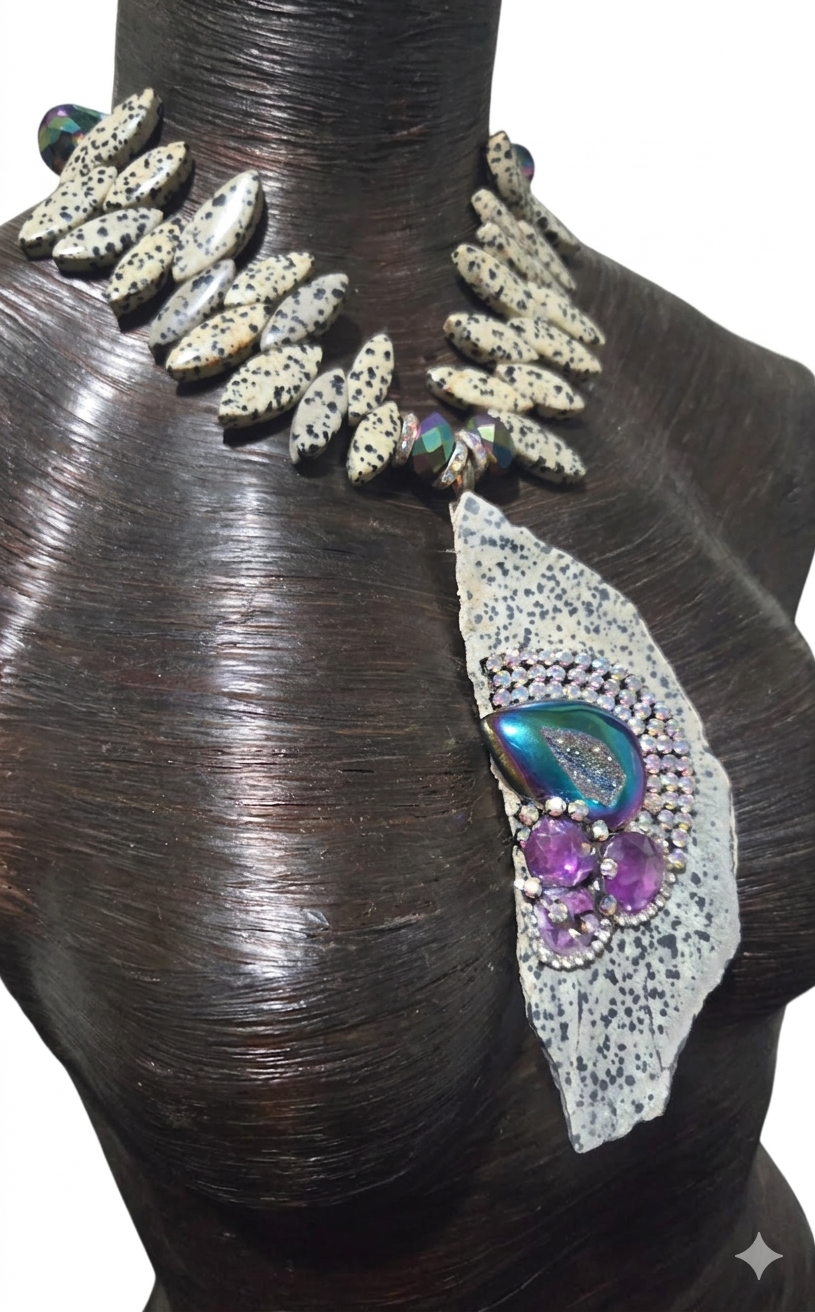 Avant Garde Dalmatian Jasper Slab Chest Piece & Jewel Tone Druzy Agate