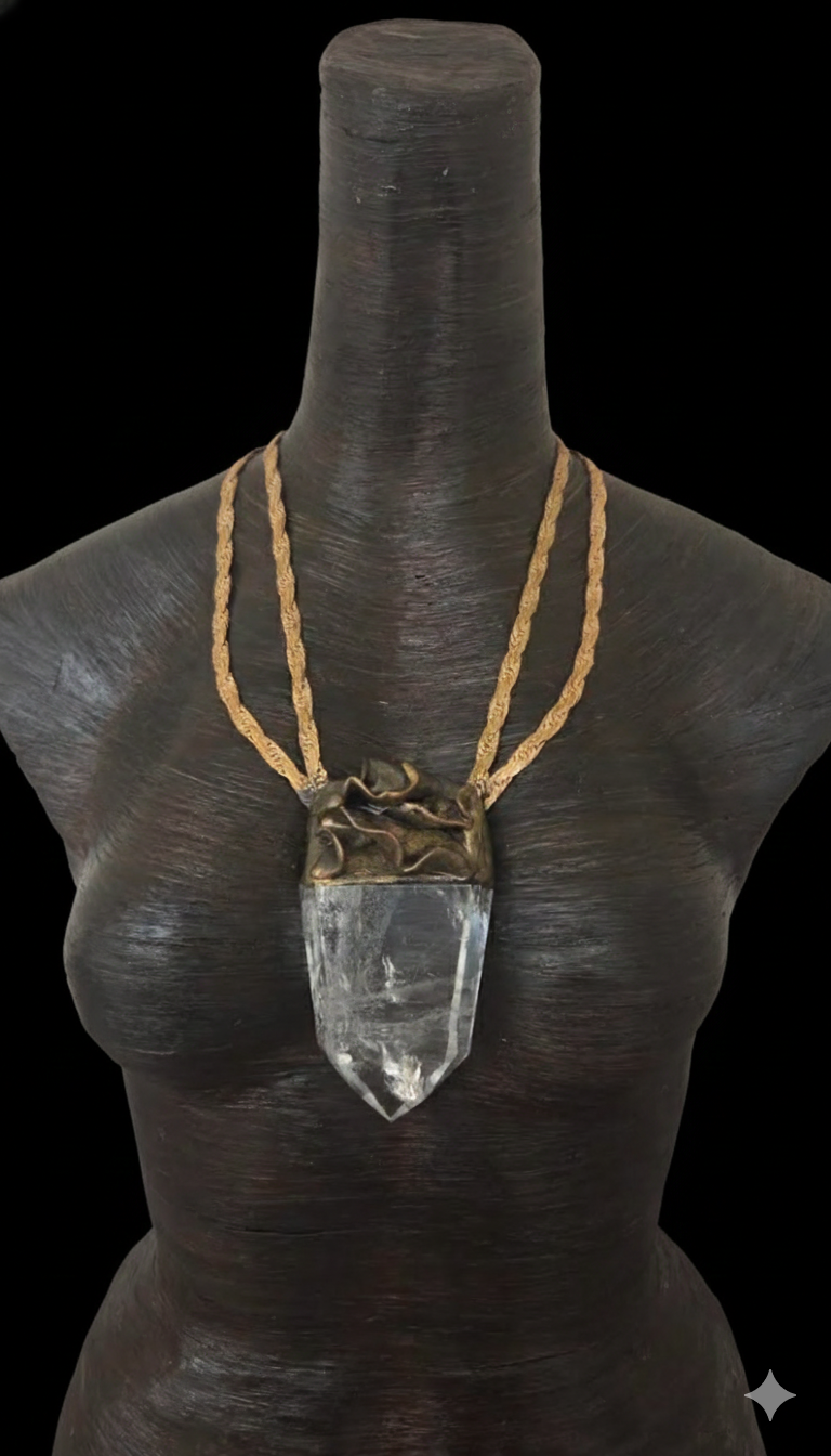 Sculpted Crystal Point Unisex Amulet With Vintage Brass & Copper Chain