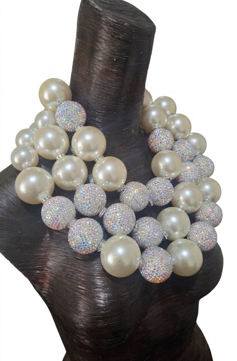 Huge Ivory Faux Pearl & Aurora Borealis Rhinestone Ball Statement Necklace