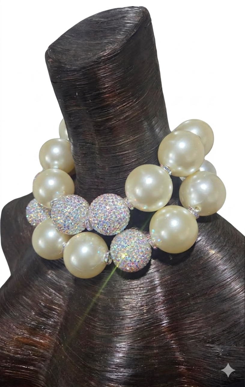 Oversized Faux Pearl & Rhinetone Beaded Statement Necklace - Bold Sexy