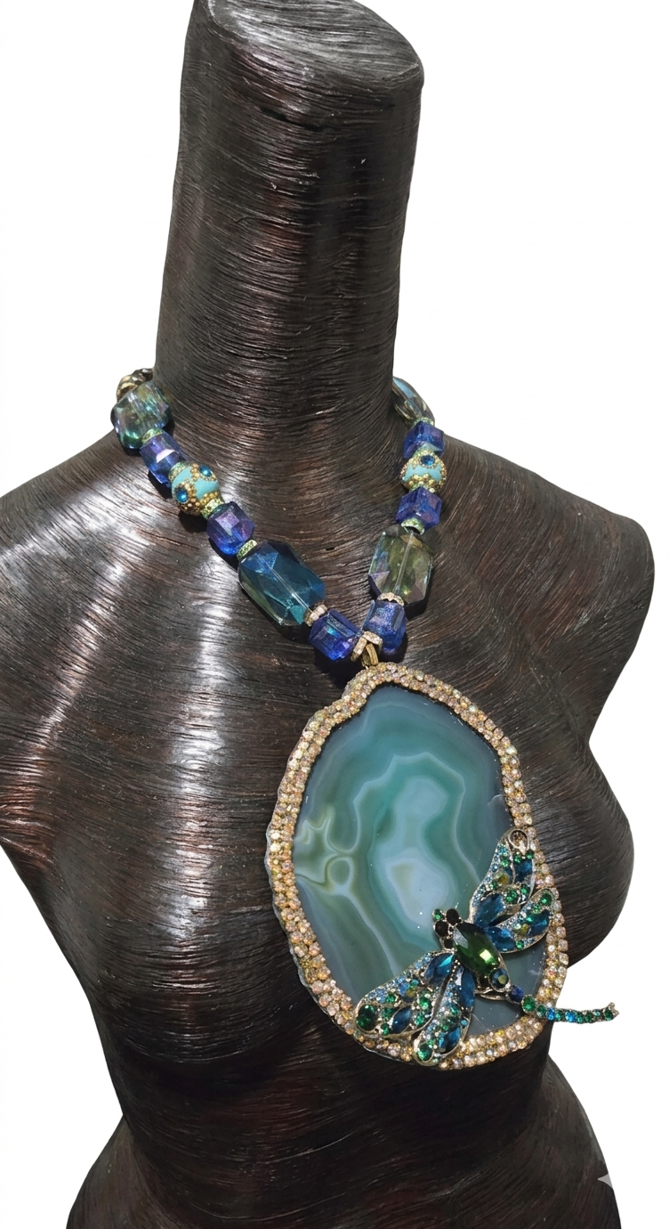 Massive Green Agate & Rhinestone Dragonfly Chest Piece - OOAK