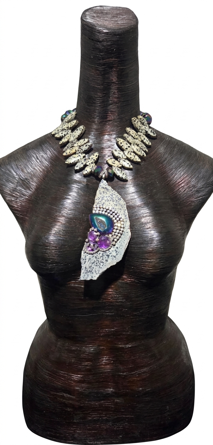 Avant Garde Dalmatian Jasper Slab Chest Piece & Jewel Tone Druzy Agate