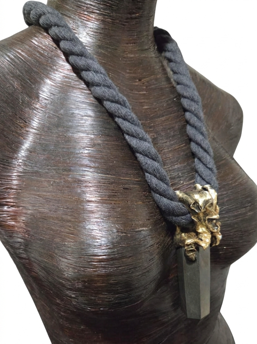 Sculpted Unisex Pyrite Gemstone Pendant on a Soft Black Cotton Rope
